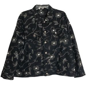 Black Long Sleeved Lightweight Off White Floral Embroidered Plus Size Jacket